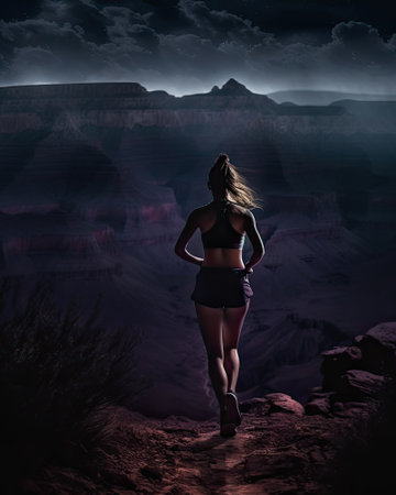 Woman running alone in the wilderness seen from behind. Generative AI.の素材