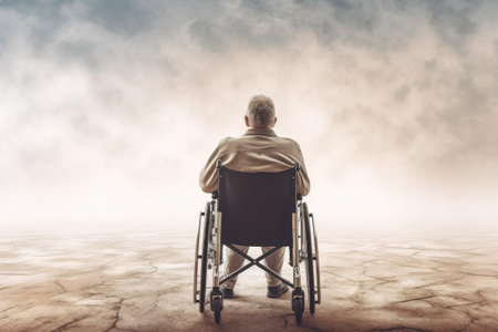 Man alone in a wheelchair in a contemplative mood, seen from behind. Generative AIの素材