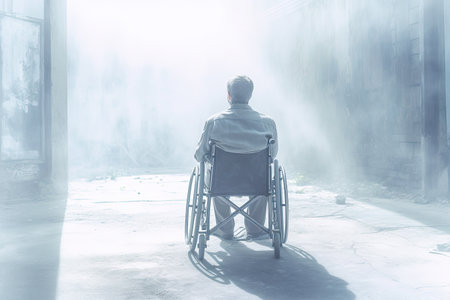 Man alone in a wheelchair in a contemplative mood, seen from behind. Generative AIの素材