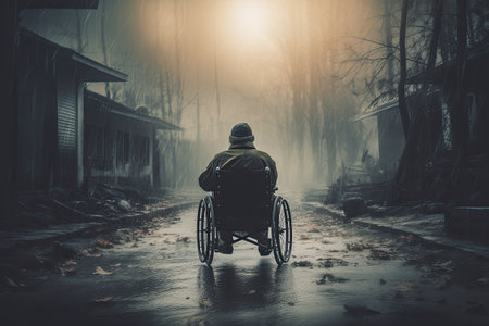 Man alone in a wheelchair in a contemplative mood, seen from behind. Generative AIの素材