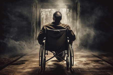 Man alone in a wheelchair in a contemplative mood, seen from behind. Generative AIの素材