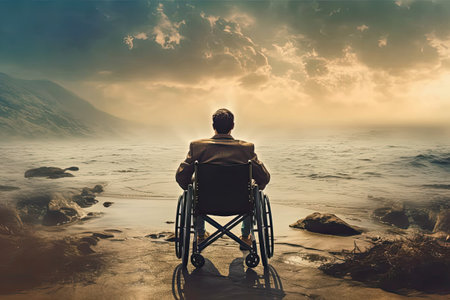 Man alone in a wheelchair in a contemplative mood, seen from behind. Generative AIの素材