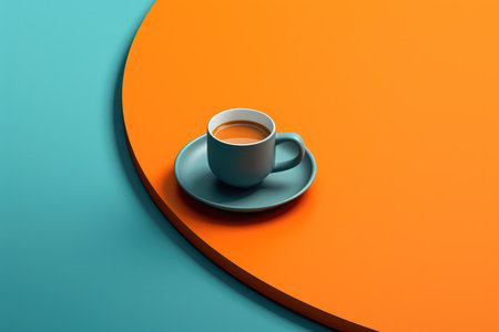 Cup of coffee over a table in a light blue and orange composition. Generative AIの素材