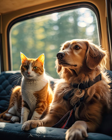 A cat and a dog enjoying the van life in their camper van. Generative AI.の素材