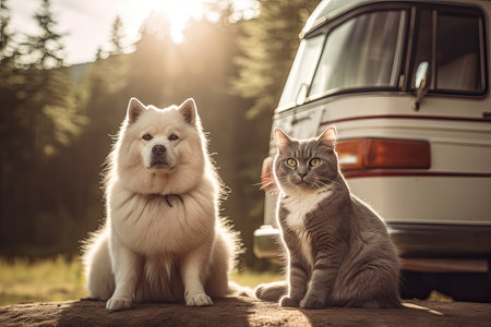A cat and a dog enjoying the van life in their camper van. Generative AI.の素材