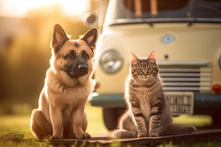 A cat and a dog enjoying the van life in their camper van. Generative AI.の素材