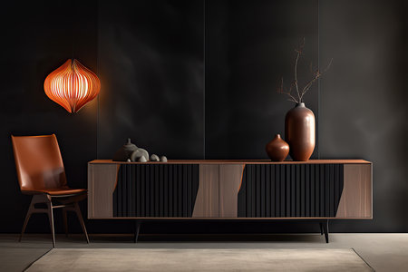 Interior design composition with a modern sideboard with a lamp and vases on it. Generative AIの素材
