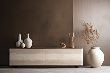 Interior design composition with a modern sideboard with a lamp and vases on it. Generative AIの素材