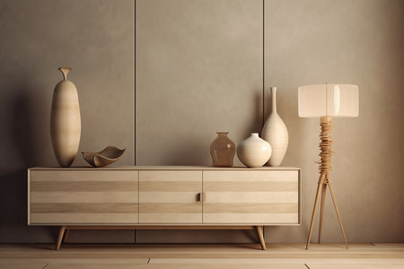 Interior design composition with a modern sideboard with a lamp and vases on it. Generative AIの素材