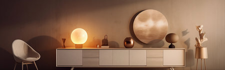 Interior design composition banner with a modern sideboard with a lamp and vases on it. Generative AIの素材