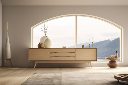 Interior design composition with a modern sideboard next to a large window. Generative AIの素材