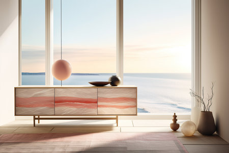 Interior design composition with a modern sideboard next to a large window. Generative AIの素材
