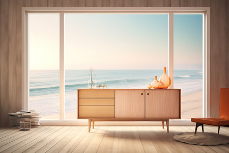Interior design composition with a modern sideboard next to a large window. Generative AIの素材
