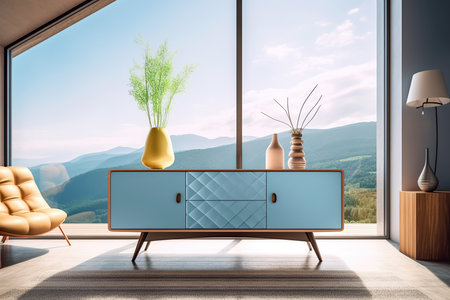 Interior design composition with a modern sideboard next to a large window. Generative AIの素材