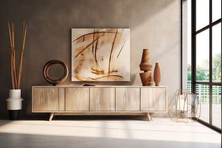 Interior design composition with a modern sideboard next to a large window. Generative AIの素材