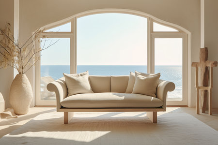 Interior design composition with a modern sofa in front of a large window. Generative AIの素材