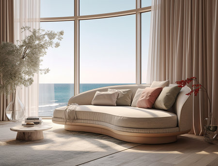 Interior design composition with a modern sofa in front of a large window. Generative AIの素材