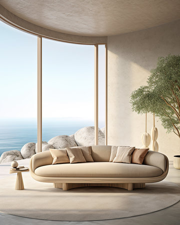 Interior design composition with a modern sofa in front of a large window. Generative AIの素材