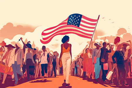 Feminist concept illustration celebrating the United States Independence Day. African American patriotic women. Generative AI.の素材