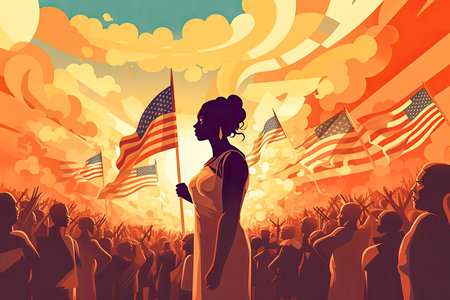 Feminist concept illustration celebrating the United States Independence Day. African American patriotic women. Generative AI.の素材