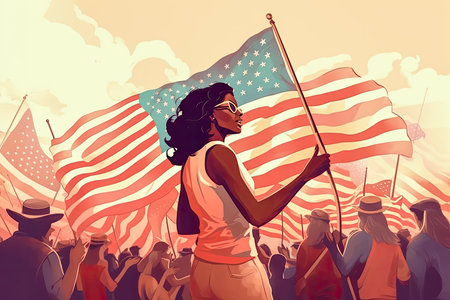Feminist concept illustration celebrating the United States Independence Day. African American patriotic women. Generative AI.の素材
