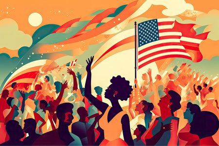 Feminist concept illustration celebrating the United States Independence Day. African American patriotic women. Generative AI.の素材