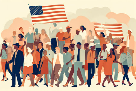 People from all walks of life gather to celebrate the US Independence Day. Abstract illustration. Generative AIの素材