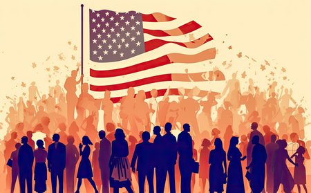 People from all walks of life gather to celebrate the US Independence Day. Abstract illustration. Generative AIの素材