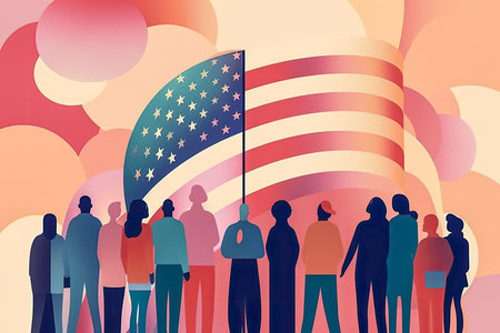 People from all walks of life standing in front of the US America flag. Abstract illustration. Generative AIの素材