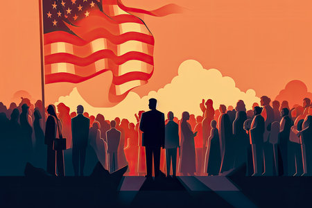 People from all walks of life standing in front of the US America flag. Abstract illustration. Generative AIの素材