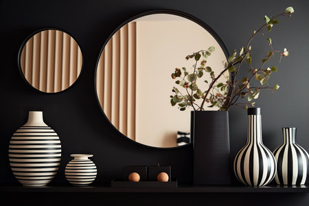 Rounded mirror hanging on a wall in a minimalistic interior design composition. Generative AIの素材