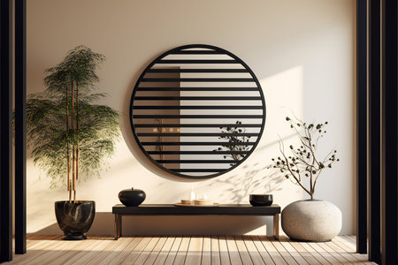 Rounded mirror hanging on a wall in a minimalistic interior design composition. Generative AIの素材