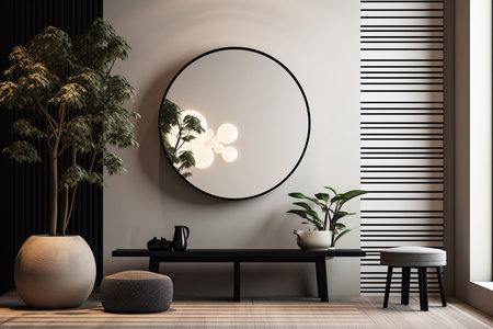 Rounded mirror hanging on a wall in a minimalistic interior design composition. Generative AIの素材