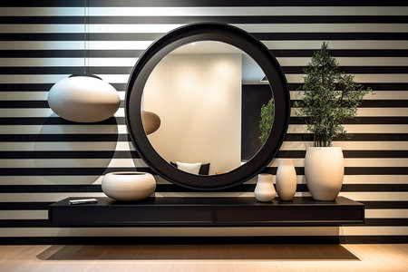 Rounded mirror hanging on a wall in a minimalistic interior design composition. Generative AIの素材