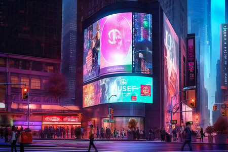 Billboards on a futuristic city scene at night. Concept art with a futuristic vision of advertising. Generative AIの素材