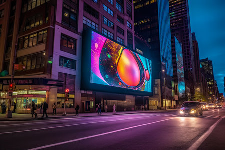 Billboards on a futuristic city scene at night. Concept art with a futuristic vision of advertising. Generative AIの素材