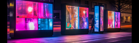 Horizontal banner of billboards on a futuristic city scene at night. Concept art with a futuristic vision of advertising. Generative AIの素材