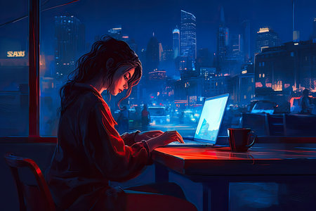 Young woman alone working at home with her laptop. Remote work concept illustration. Generative AI.の素材