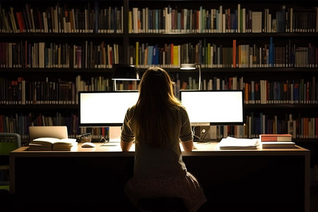 Young woman alone working late in the night at the library with her laptop. Generative AI.の素材