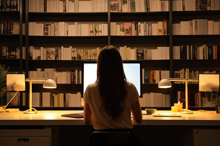 Young woman alone working late in the night at the library with her laptop. Generative AI.の素材