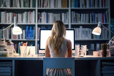 Young woman alone working late in the night at the library with her laptop. Generative AI.の素材
