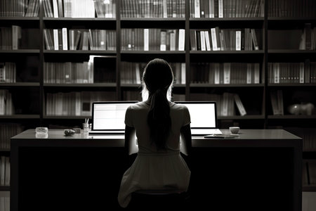 Young woman alone working late in the night at the library with her laptop. Generative AI.の素材