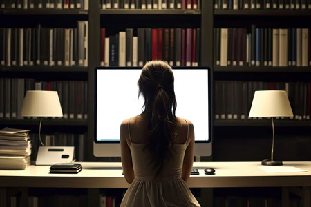 Young woman alone working late in the night at the library with her laptop. Generative AI.の素材