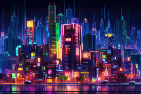 Futuristic city at night with neon lights billboards in vibrant colors.Generative AI.の素材