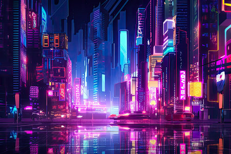 Futuristic city at night with neon lights billboards in vibrant colors.Generative AI.の素材