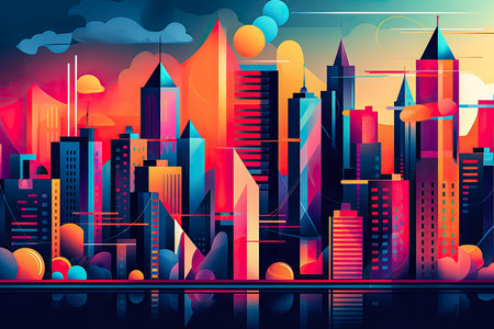 Futuristic vision of a city skyline with vibrant colors. Abstract flat illustration. Generative AI.の素材