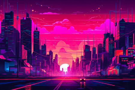 Futuristic vision of a city with vibrant colors. Abstract illustration. Generative AIの素材