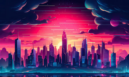 Futuristic vision of a city with vibrant colors. Abstract illustration. Generative AIの素材