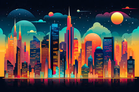 Futuristic vision of a city skyline with vibrant colors. Abstract flat illustration. Generative AIの素材