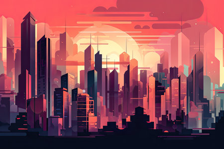 Futuristic vision of a city with vibrant colors. Abstract flat illustration, scifi future concept art. Generative AI.の素材